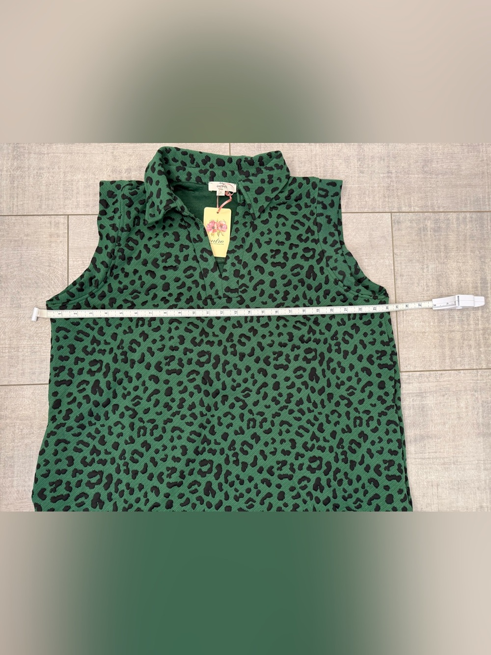 Entro Women Green Leopard Print Shift Shirt Dress Sleeveless Collared Size XL - Picture 7 of 9